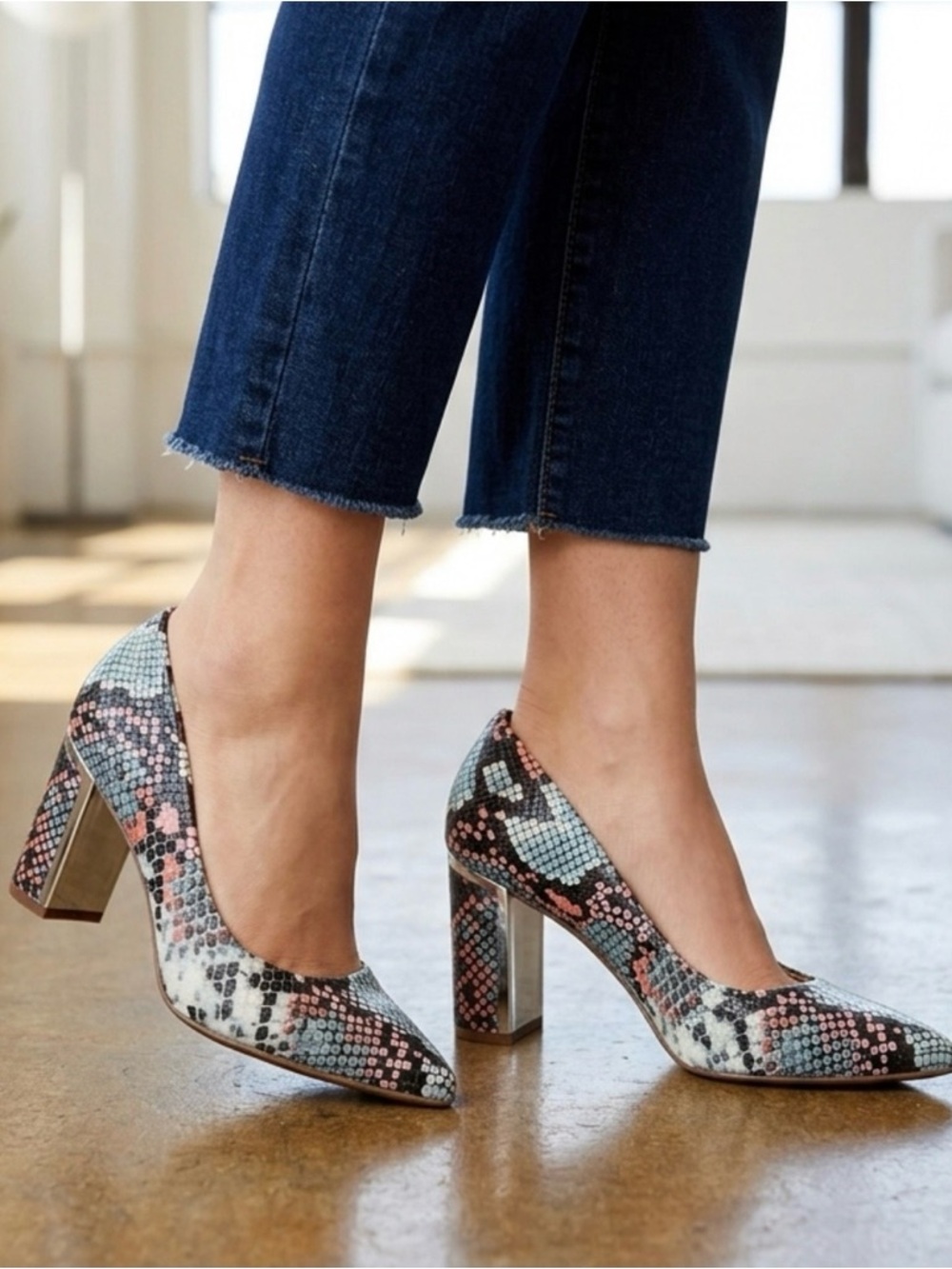 Alfani Jenson Snake Print Pointed Toe Block Heel Pumps Multicolor Size 5M